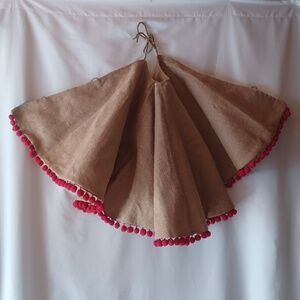 Natural Burlap Jute Christmas Tree Skirt Red Pom Pom Trim 45"